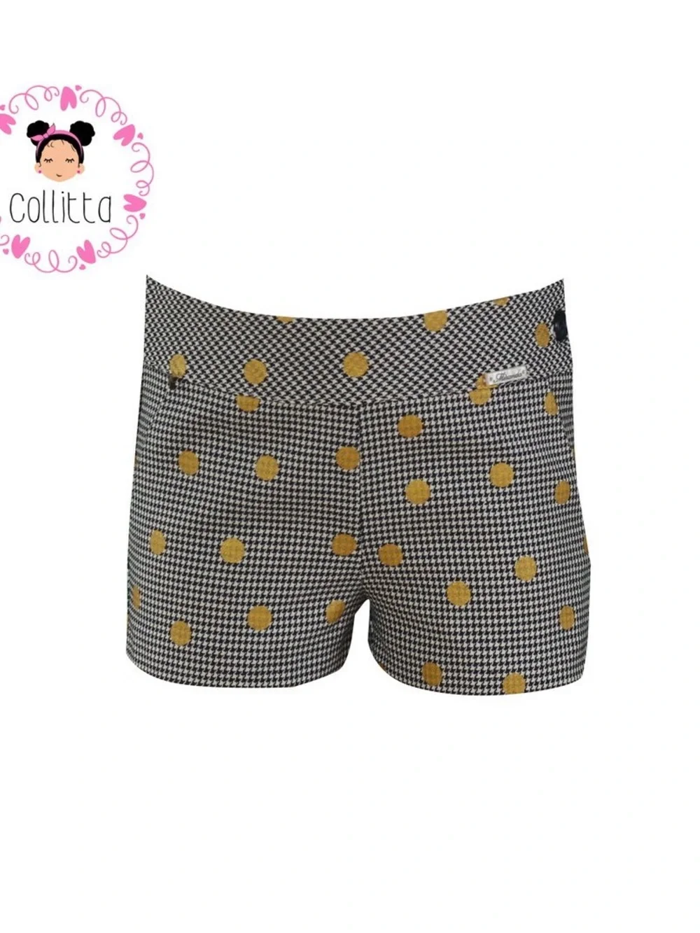 Girls' Black & White Houndstooth Shorts with Gold Dot Accent
